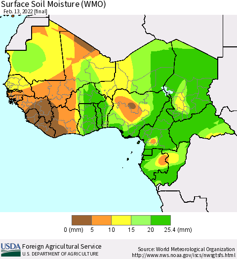 Western Africa Surface Soil Moisture (WMO) Thematic Map For 2/7/2022 - 2/13/2022