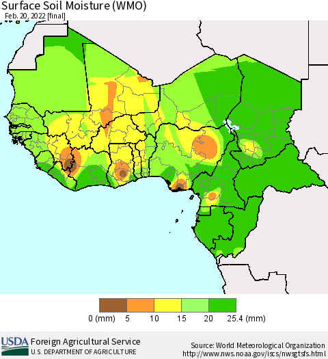 Western Africa Surface Soil Moisture (WMO) Thematic Map For 2/14/2022 - 2/20/2022