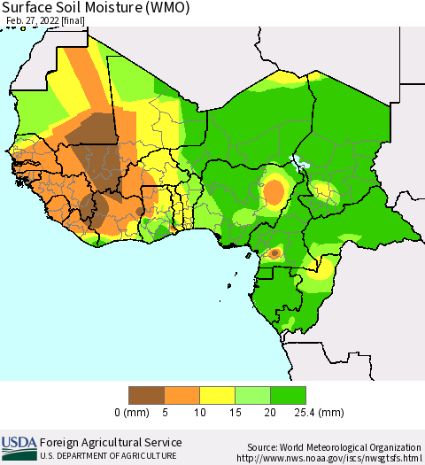 Western Africa Surface Soil Moisture (WMO) Thematic Map For 2/21/2022 - 2/27/2022