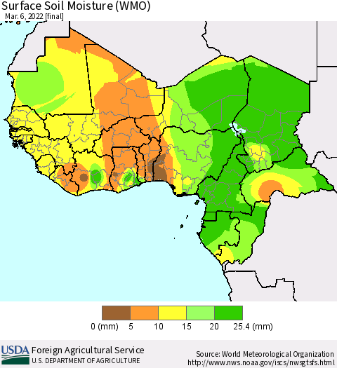 Western Africa Surface Soil Moisture (WMO) Thematic Map For 2/28/2022 - 3/6/2022