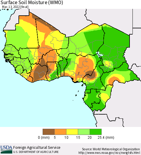 Western Africa Surface Soil Moisture (WMO) Thematic Map For 3/7/2022 - 3/13/2022