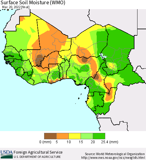 Western Africa Surface Soil Moisture (WMO) Thematic Map For 3/14/2022 - 3/20/2022