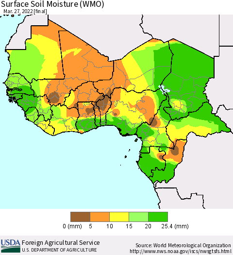 Western Africa Surface Soil Moisture (WMO) Thematic Map For 3/21/2022 - 3/27/2022