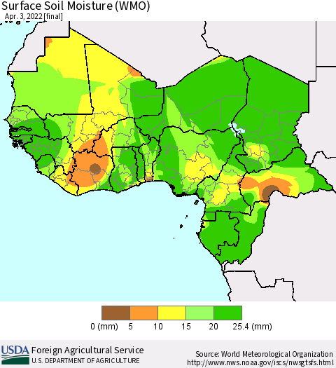 Western Africa Surface Soil Moisture (WMO) Thematic Map For 3/28/2022 - 4/3/2022