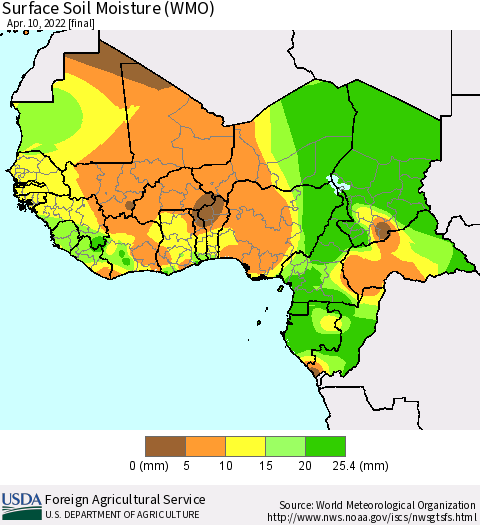 Western Africa Surface Soil Moisture (WMO) Thematic Map For 4/4/2022 - 4/10/2022
