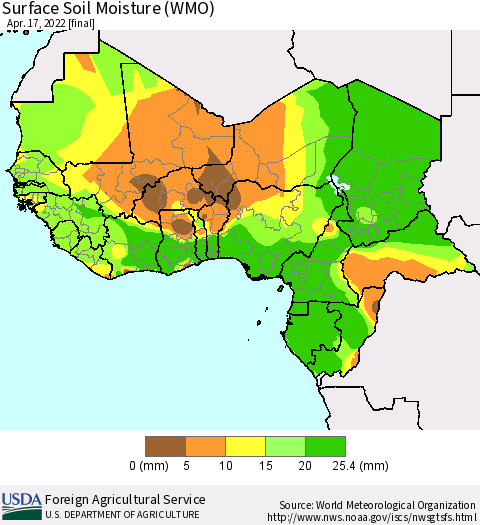 Western Africa Surface Soil Moisture (WMO) Thematic Map For 4/11/2022 - 4/17/2022