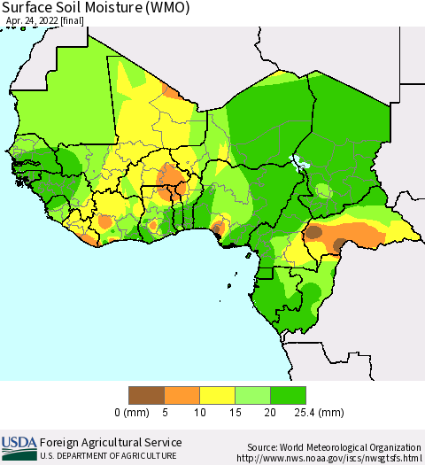 Western Africa Surface Soil Moisture (WMO) Thematic Map For 4/18/2022 - 4/24/2022