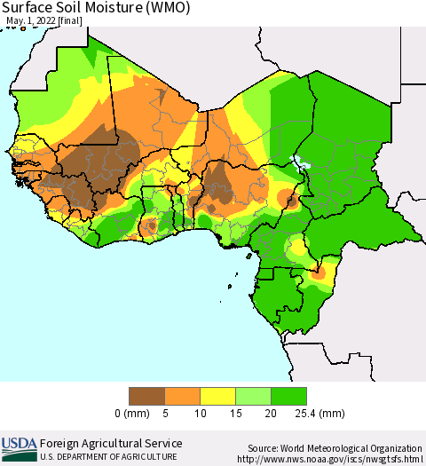 Western Africa Surface Soil Moisture (WMO) Thematic Map For 4/25/2022 - 5/1/2022