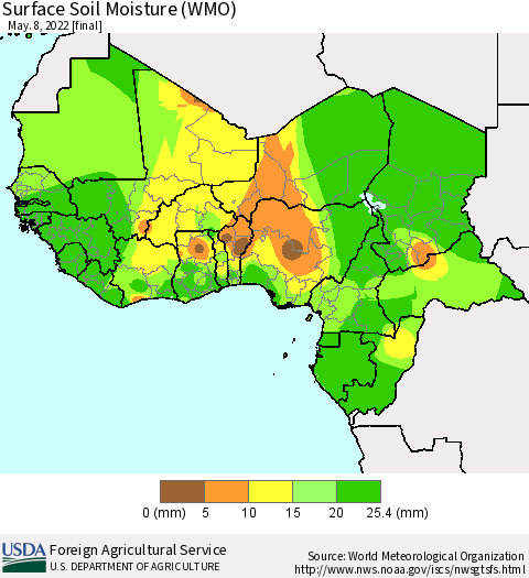 Western Africa Surface Soil Moisture (WMO) Thematic Map For 5/2/2022 - 5/8/2022