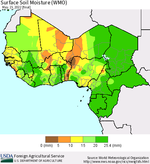 Western Africa Surface Soil Moisture (WMO) Thematic Map For 5/9/2022 - 5/15/2022