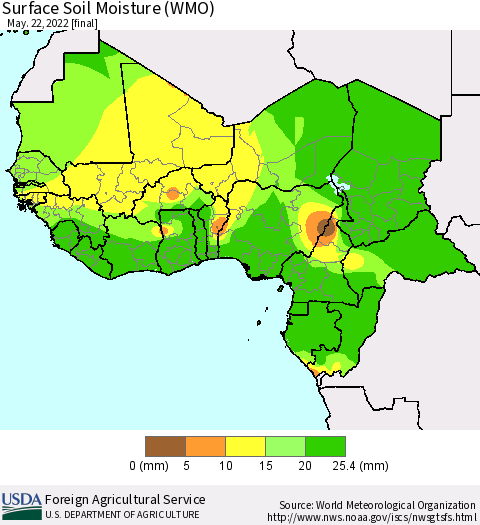 Western Africa Surface Soil Moisture (WMO) Thematic Map For 5/16/2022 - 5/22/2022