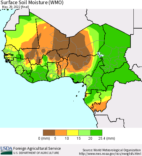 Western Africa Surface Soil Moisture (WMO) Thematic Map For 5/23/2022 - 5/29/2022