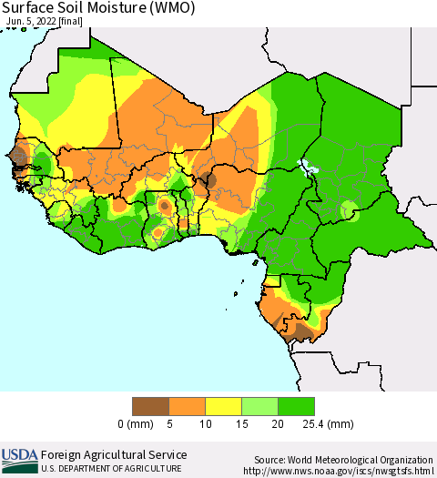 Western Africa Surface Soil Moisture (WMO) Thematic Map For 5/30/2022 - 6/5/2022