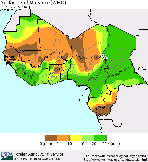 Western Africa Surface Soil Moisture (WMO) Thematic Map For 6/6/2022 - 6/12/2022
