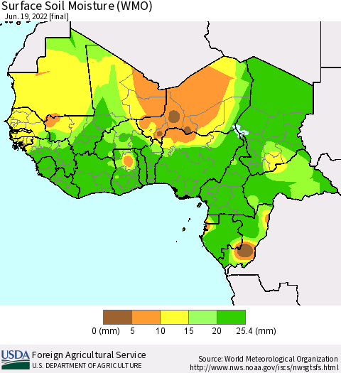 Western Africa Surface Soil Moisture (WMO) Thematic Map For 6/13/2022 - 6/19/2022