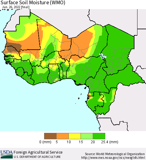 Western Africa Surface Soil Moisture (WMO) Thematic Map For 6/20/2022 - 6/26/2022