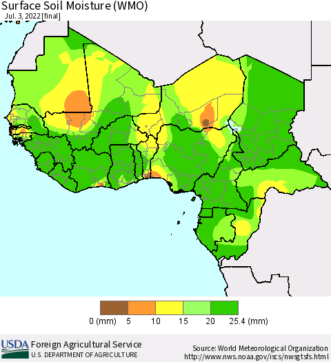 Western Africa Surface Soil Moisture (WMO) Thematic Map For 6/27/2022 - 7/3/2022