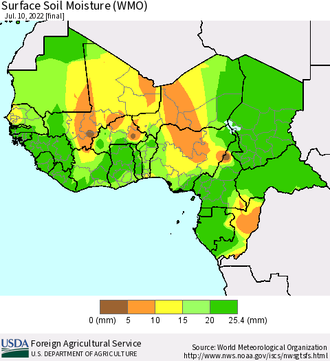 Western Africa Surface Soil Moisture (WMO) Thematic Map For 7/4/2022 - 7/10/2022
