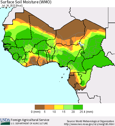 Western Africa Surface Soil Moisture (WMO) Thematic Map For 7/18/2022 - 7/24/2022