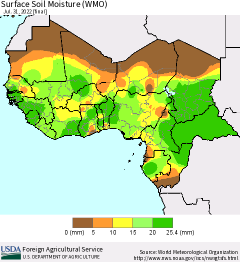 Western Africa Surface Soil Moisture (WMO) Thematic Map For 7/25/2022 - 7/31/2022