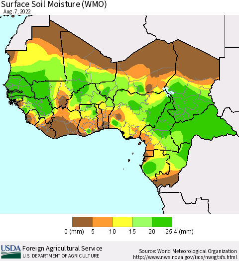 Western Africa Surface Soil Moisture (WMO) Thematic Map For 8/1/2022 - 8/7/2022