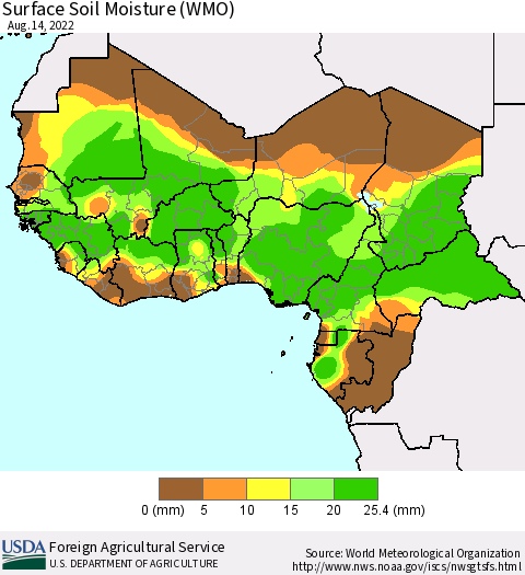 Western Africa Surface Soil Moisture (WMO) Thematic Map For 8/8/2022 - 8/14/2022