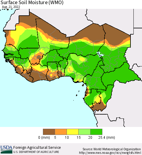 Western Africa Surface Soil Moisture (WMO) Thematic Map For 8/15/2022 - 8/21/2022