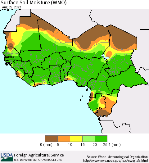 Western Africa Surface Soil Moisture (WMO) Thematic Map For 8/22/2022 - 8/28/2022