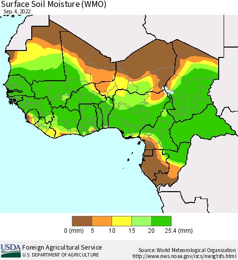 Western Africa Surface Soil Moisture (WMO) Thematic Map For 8/29/2022 - 9/4/2022