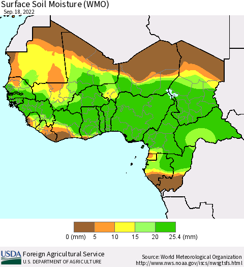 Western Africa Surface Soil Moisture (WMO) Thematic Map For 9/12/2022 - 9/18/2022