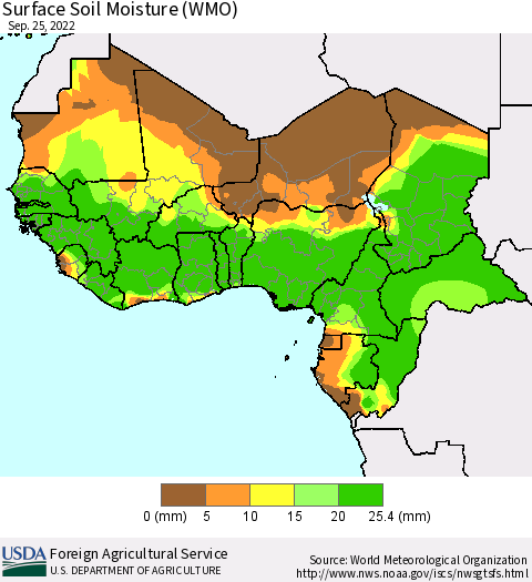 Western Africa Surface Soil Moisture (WMO) Thematic Map For 9/19/2022 - 9/25/2022