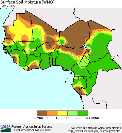 Western Africa Surface Soil Moisture (WMO) Thematic Map For 9/26/2022 - 10/2/2022