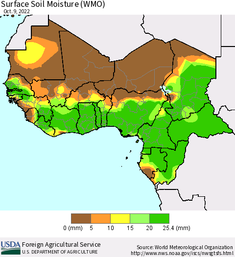 Western Africa Surface Soil Moisture (WMO) Thematic Map For 10/3/2022 - 10/9/2022