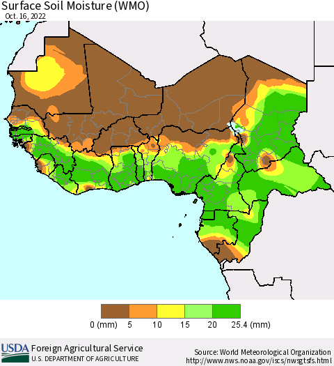 Western Africa Surface Soil Moisture (WMO) Thematic Map For 10/10/2022 - 10/16/2022