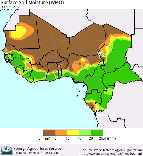 Western Africa Surface Soil Moisture (WMO) Thematic Map For 10/17/2022 - 10/23/2022