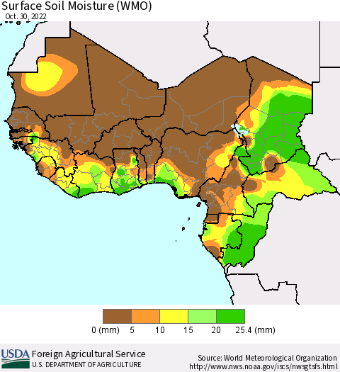 Western Africa Surface Soil Moisture (WMO) Thematic Map For 10/24/2022 - 10/30/2022