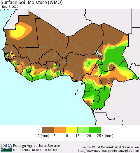 Western Africa Surface Soil Moisture (WMO) Thematic Map For 10/31/2022 - 11/6/2022
