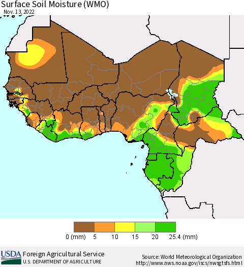 Western Africa Surface Soil Moisture (WMO) Thematic Map For 11/7/2022 - 11/13/2022