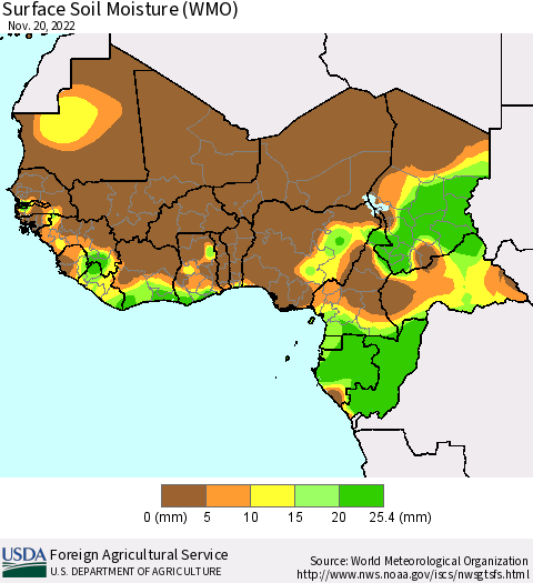 Western Africa Surface Soil Moisture (WMO) Thematic Map For 11/14/2022 - 11/20/2022