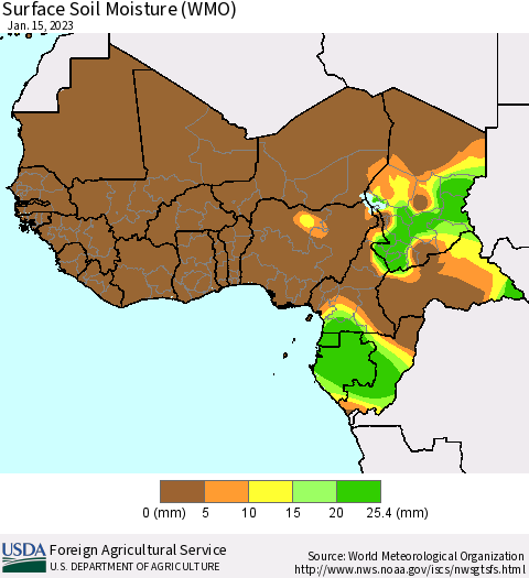 Western Africa Surface Soil Moisture (WMO) Thematic Map For 1/9/2023 - 1/15/2023