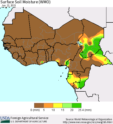Western Africa Surface Soil Moisture (WMO) Thematic Map For 1/16/2023 - 1/22/2023