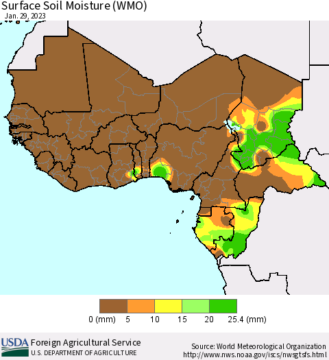 Western Africa Surface Soil Moisture (WMO) Thematic Map For 1/23/2023 - 1/29/2023