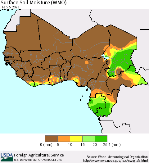 Western Africa Surface Soil Moisture (WMO) Thematic Map For 1/30/2023 - 2/5/2023
