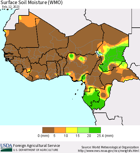 Western Africa Surface Soil Moisture (WMO) Thematic Map For 2/6/2023 - 2/12/2023