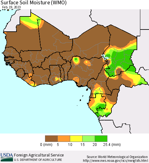 Western Africa Surface Soil Moisture (WMO) Thematic Map For 2/13/2023 - 2/19/2023