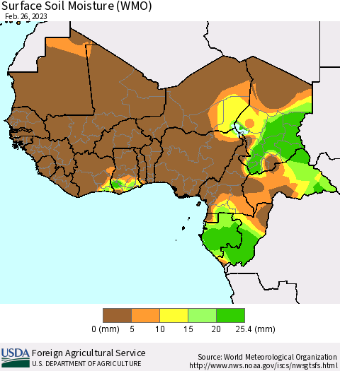 Western Africa Surface Soil Moisture (WMO) Thematic Map For 2/20/2023 - 2/26/2023