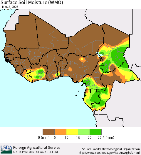 Western Africa Surface Soil Moisture (WMO) Thematic Map For 2/27/2023 - 3/5/2023