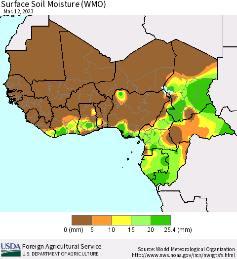 Western Africa Surface Soil Moisture (WMO) Thematic Map For 3/6/2023 - 3/12/2023