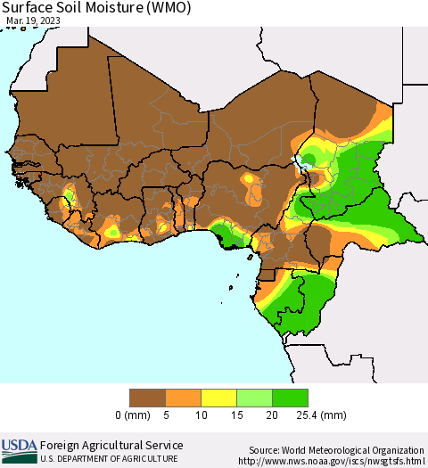 Western Africa Surface Soil Moisture (WMO) Thematic Map For 3/13/2023 - 3/19/2023