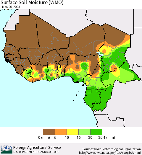 Western Africa Surface Soil Moisture (WMO) Thematic Map For 3/20/2023 - 3/26/2023